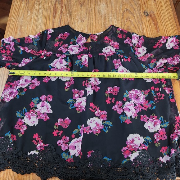 Lane Bryant Sz 26 4XL Black Floral Blouse Tunic Roses Lace Trim Mesh 1/2 Sleeve - Picture 6 of 14